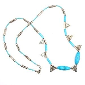 Turquoise Colored Beaded‎ Necklace with Silver Tone Triangles and Barrel Accents